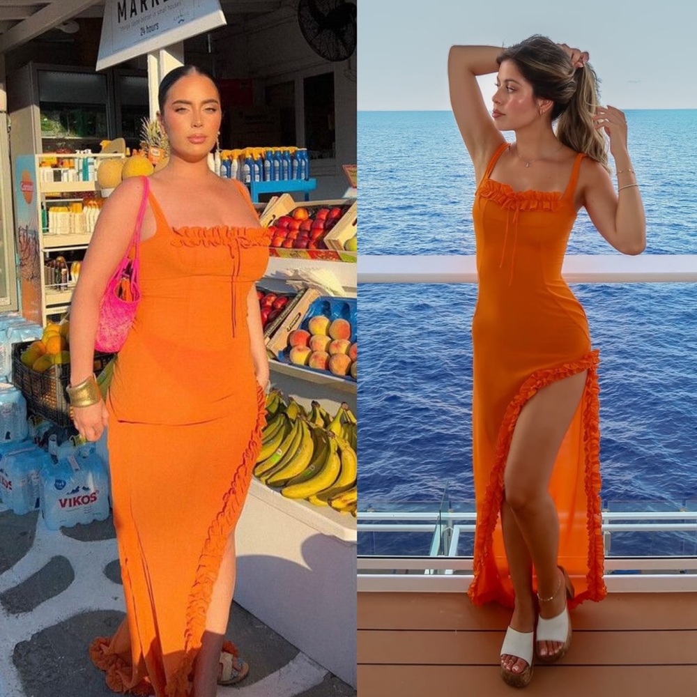 HELSA Sheer Ruffled Long Orange Dress - Picture 11 of 12